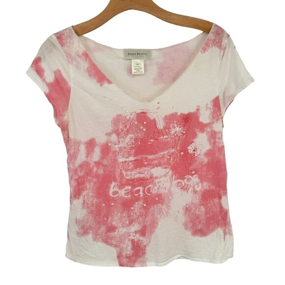 Susan Bristol top Womens size Medium Pink Tie Dye Beach Bag Print T Shirt - Picture 1 of 8